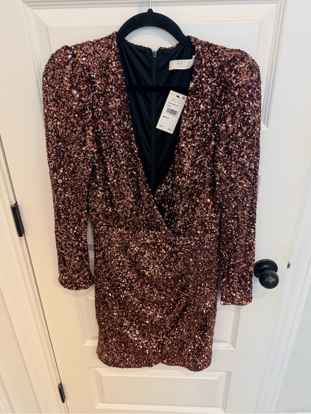 Astr Rose Copper Sequin Wrap Mini Dress